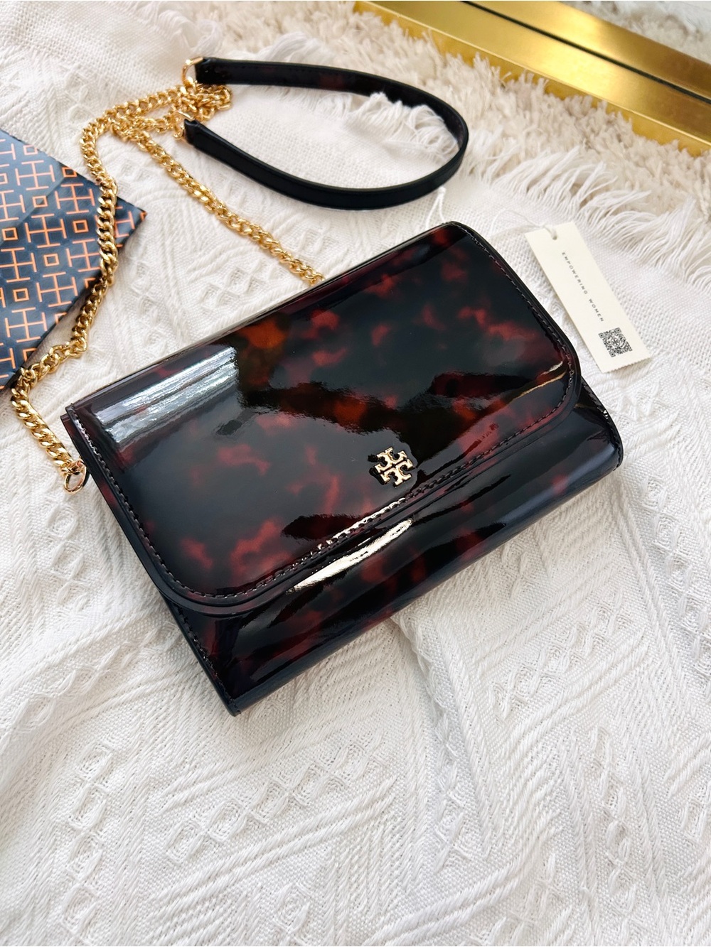 NWT🌞Tory Burch Emerson Tortoise Patent Wallet on Chain 165943 Crossbody Bag Gift - Picture 2 of 6